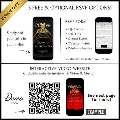 Gold Quinceañera Video Invite | Sweet 15 16 Quince RSVP Tracker | Editable Canva Evite Template