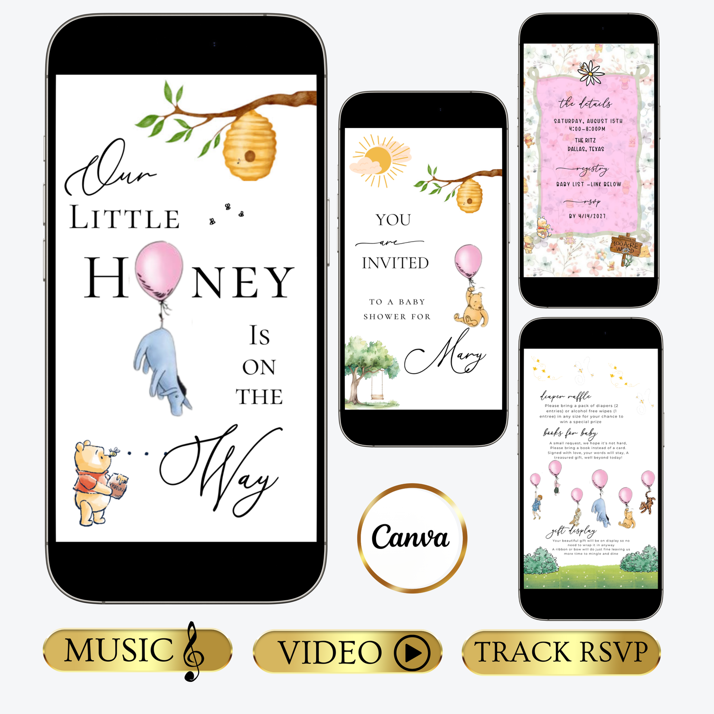 Winnie Puuh Babyparty-Videoeinladung | Rosa Babyparty-Einladung | Bearbeitbare Canva-Vorlage