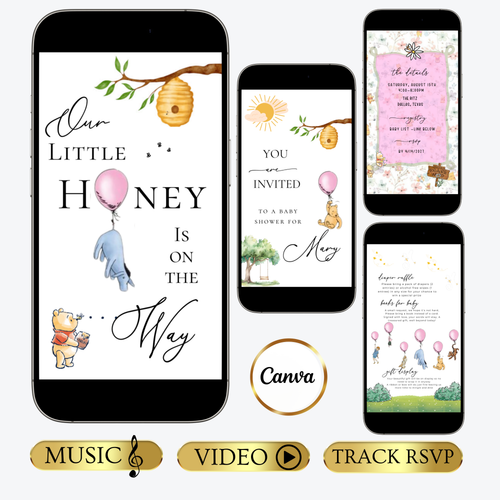 Winnie Puuh Babyparty-Videoeinladung | Rosa Babyparty-Einladung | Bearbeitbare Canva-Vorlage