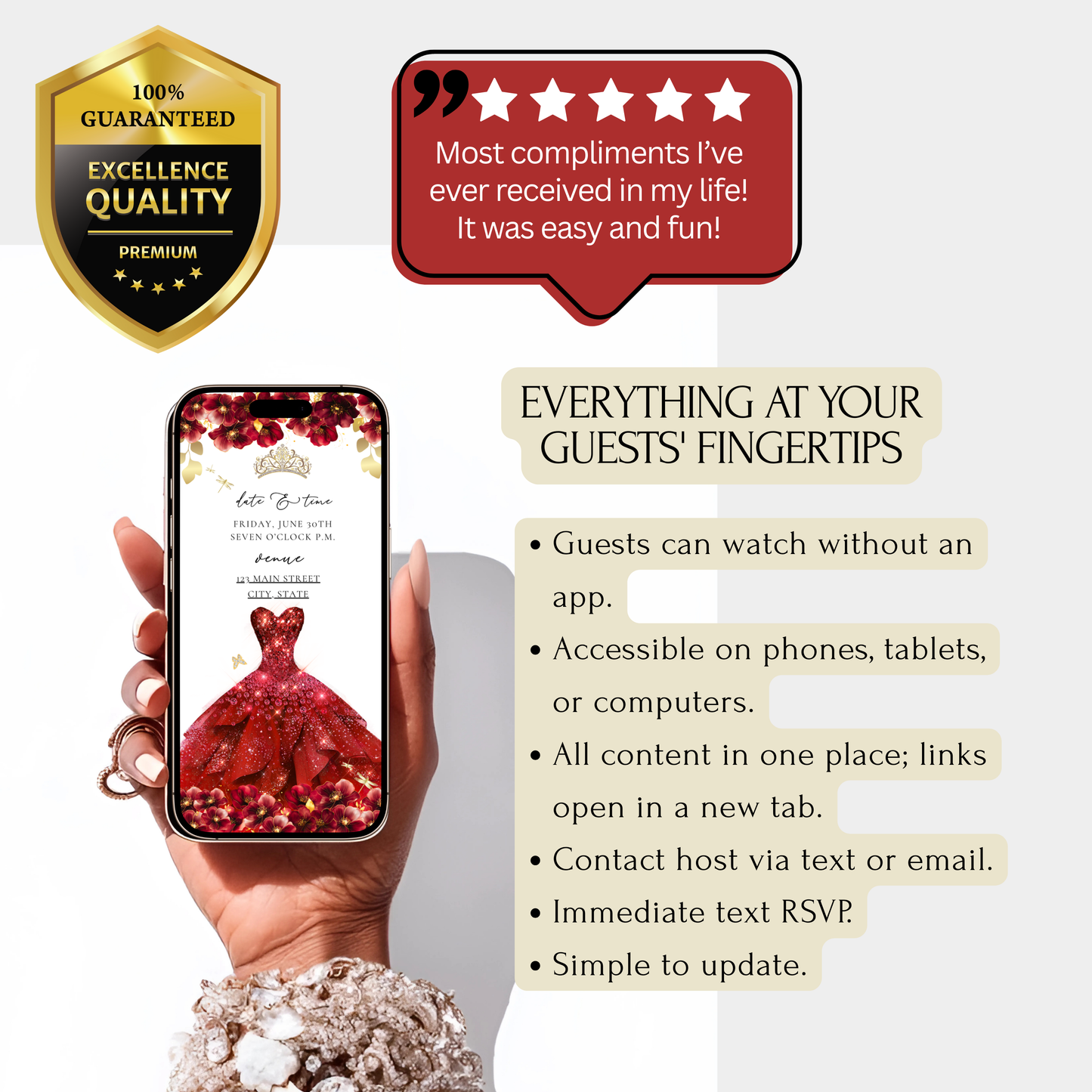 Red Quinceanera mini-Website RSVP tracker| Animated Sweet 15 16 Video Invitation | Canva Template