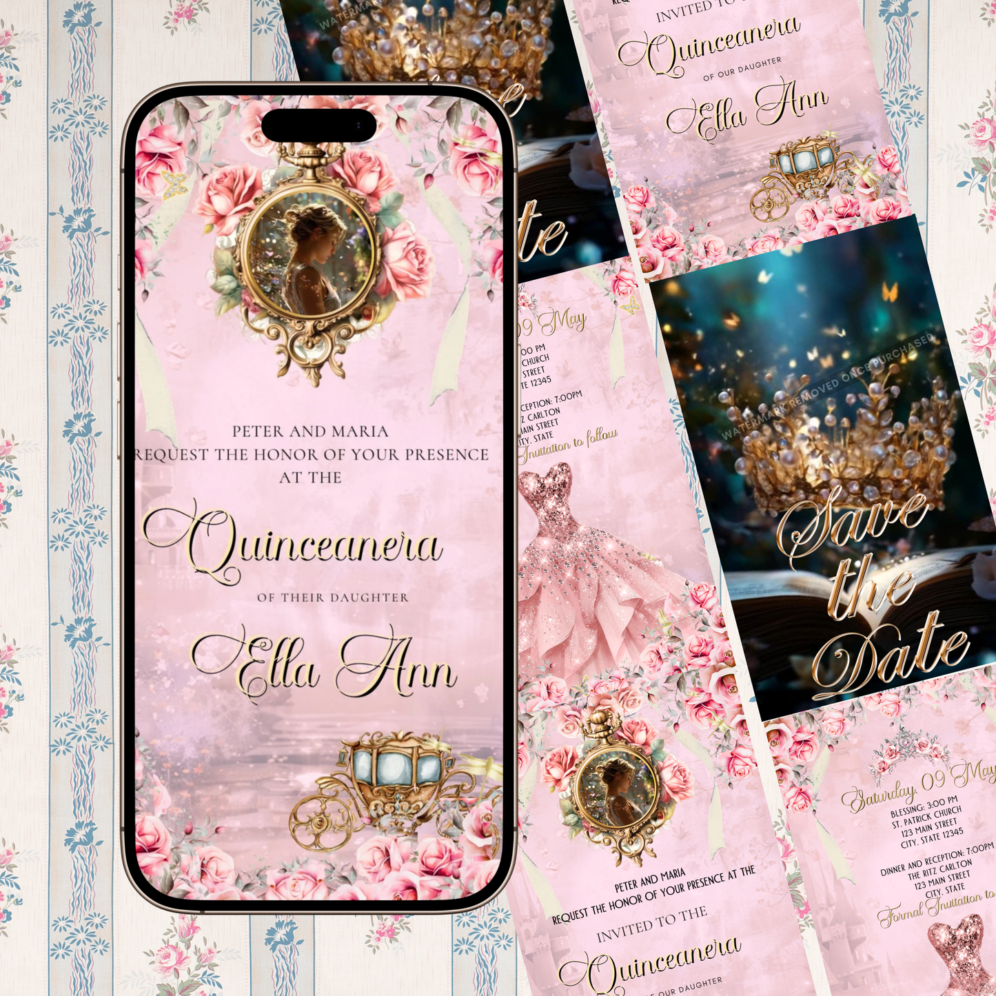 Pink Quinceañera Video Invitation | Digital Royal Sweet 15 16 Animated Invite | Editable Canva Template