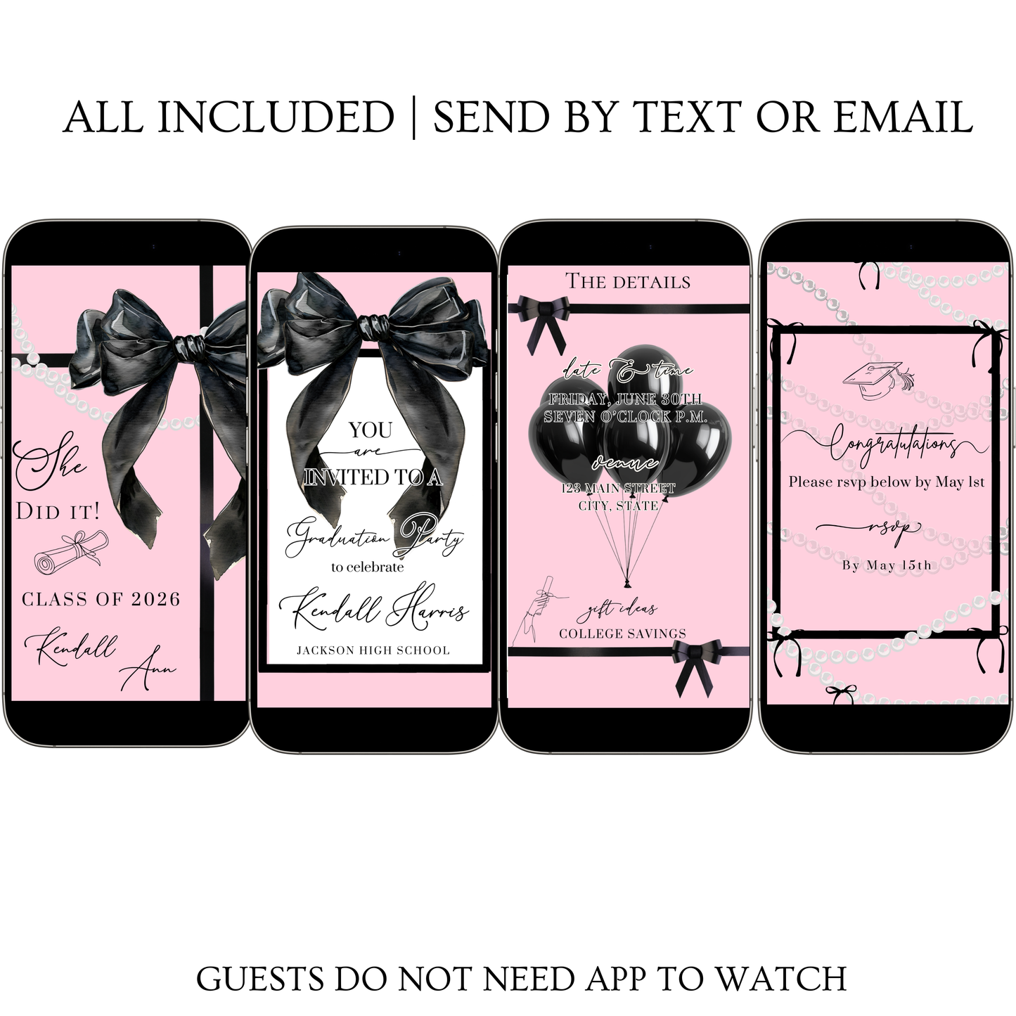 Graduation Party Video Invitation | Pink and Black Bow Graduation Invite for Her | Editable Online RSVP Evite Canva Template