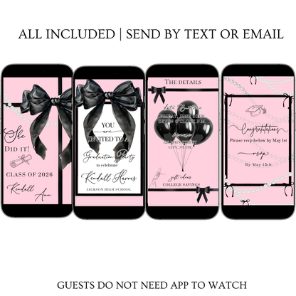 Graduation Party Video Invitation | Pink and Black Bow Graduation Invite for Her | Editable Online RSVP Evite Canva Template
