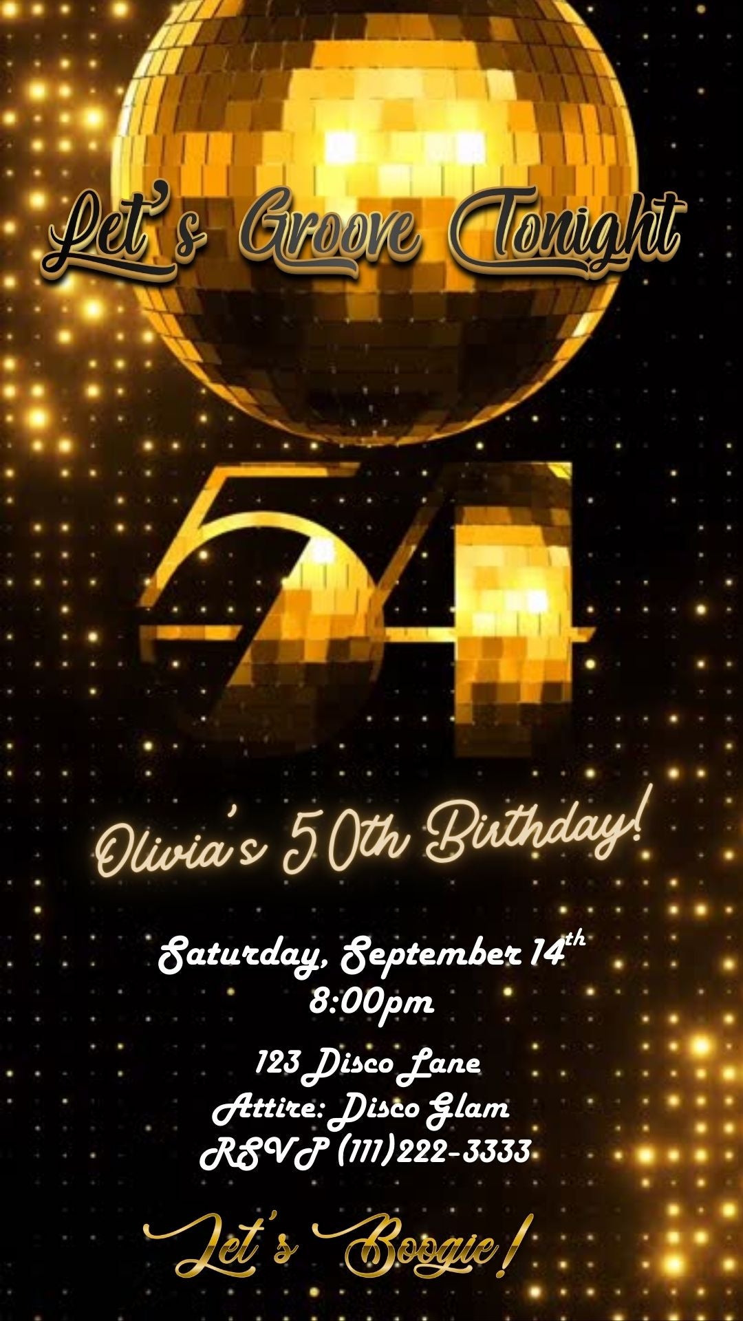 Editable gold disco 54th birthday video invitation displayed on a mobile phone, featuring an animated vertical digital invite with music, created in Canva. This premium video invitation template is designed for sharing by text, email, and social media and works with an interactive RSVP website for easy guest response tracking.