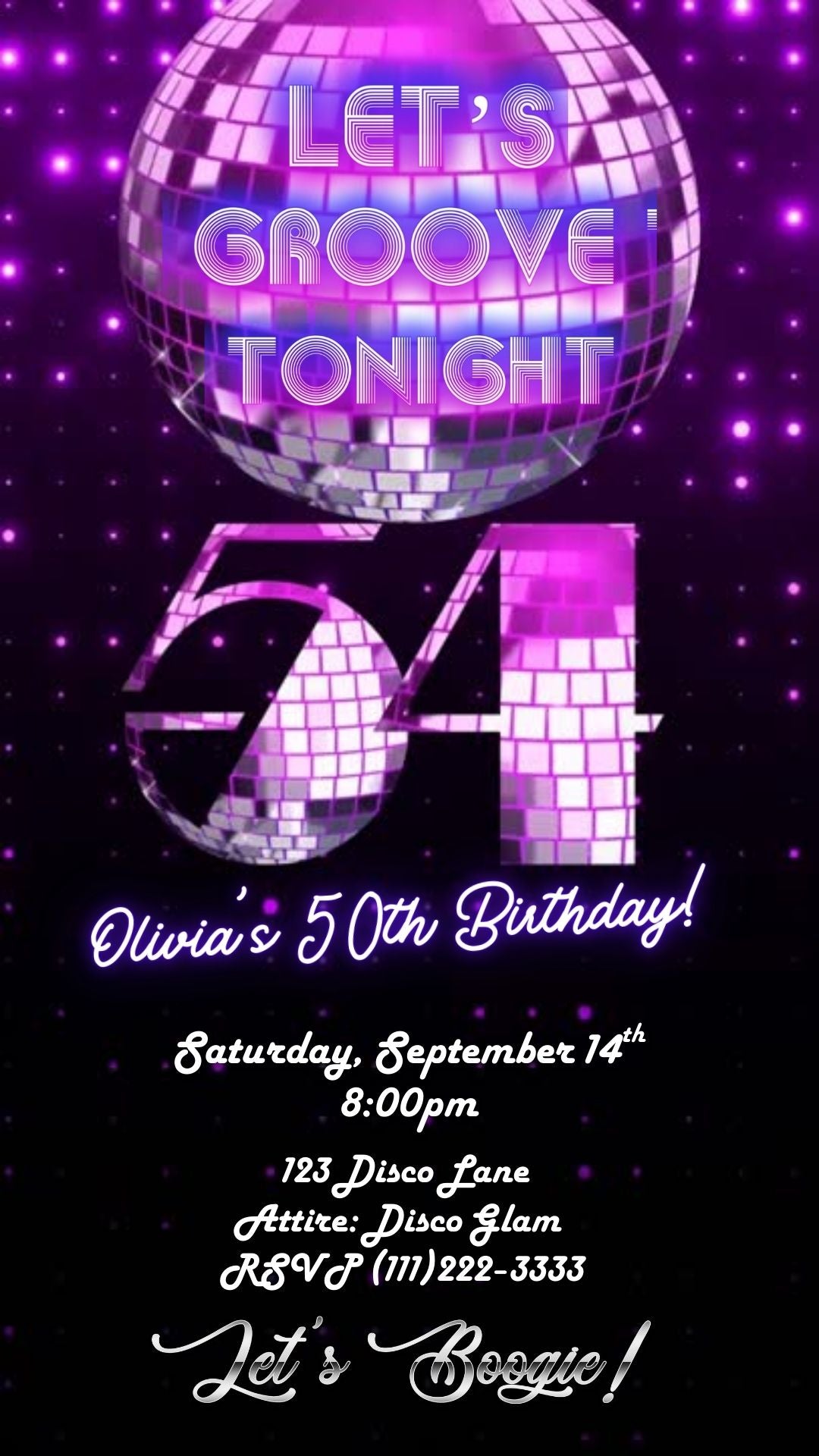 Editable purple disco 54th birthday video invitation displayed on a mobile phone, featuring an animated vertical digital invite with music, created in Canva. This premium video invitation template is designed for sharing by text, email, and social media and works with an interactive RSVP website for easy guest response tracking.