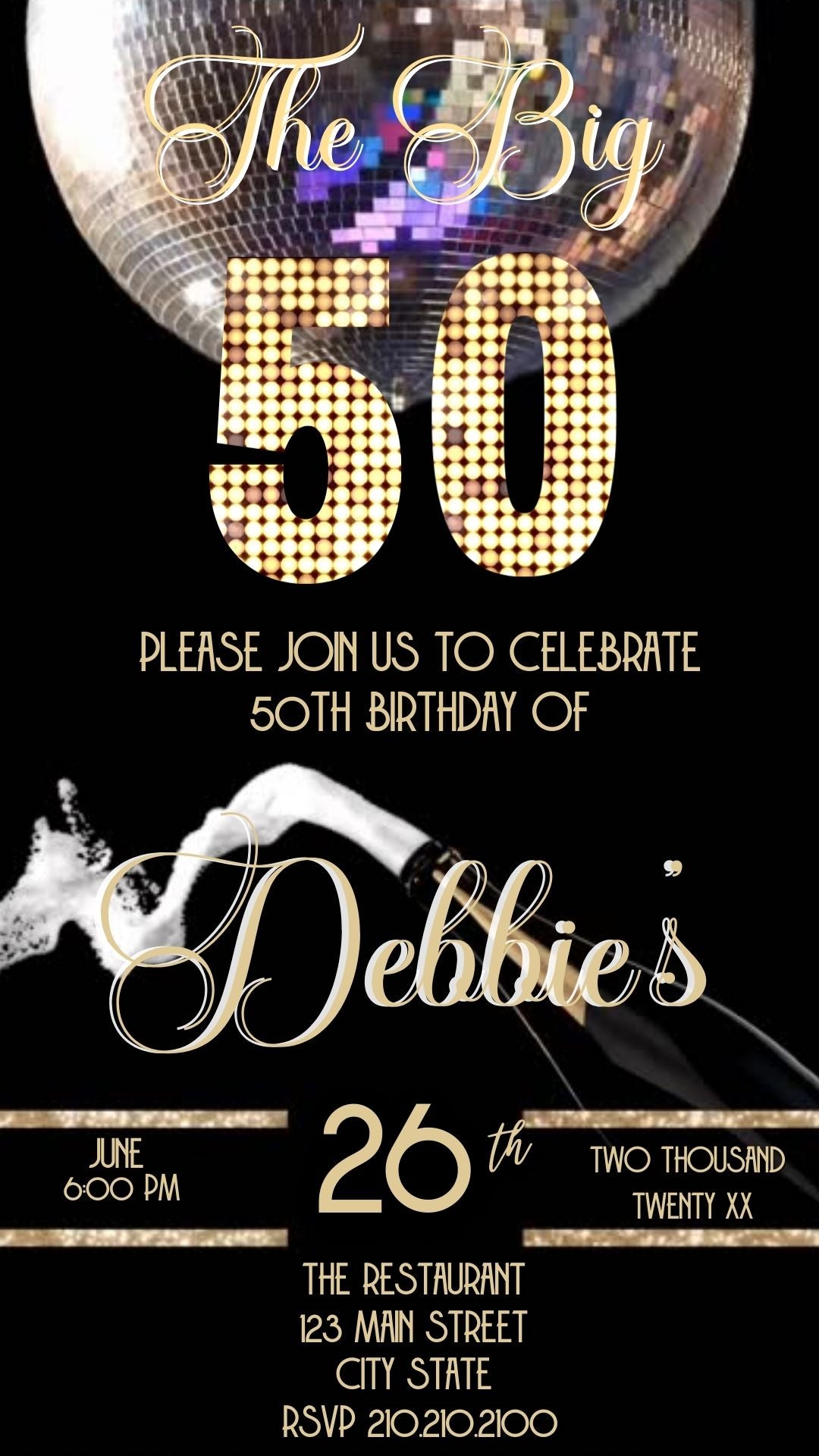 Editable black gold disco champagne 50th birthday video invitation displayed on a mobile phone, featuring an animated vertical digital invite with music, created in Canva. This premium video invitation template is designed for sharing by text, email, and social media and works with an interactive RSVP website for easy guest response tracking.