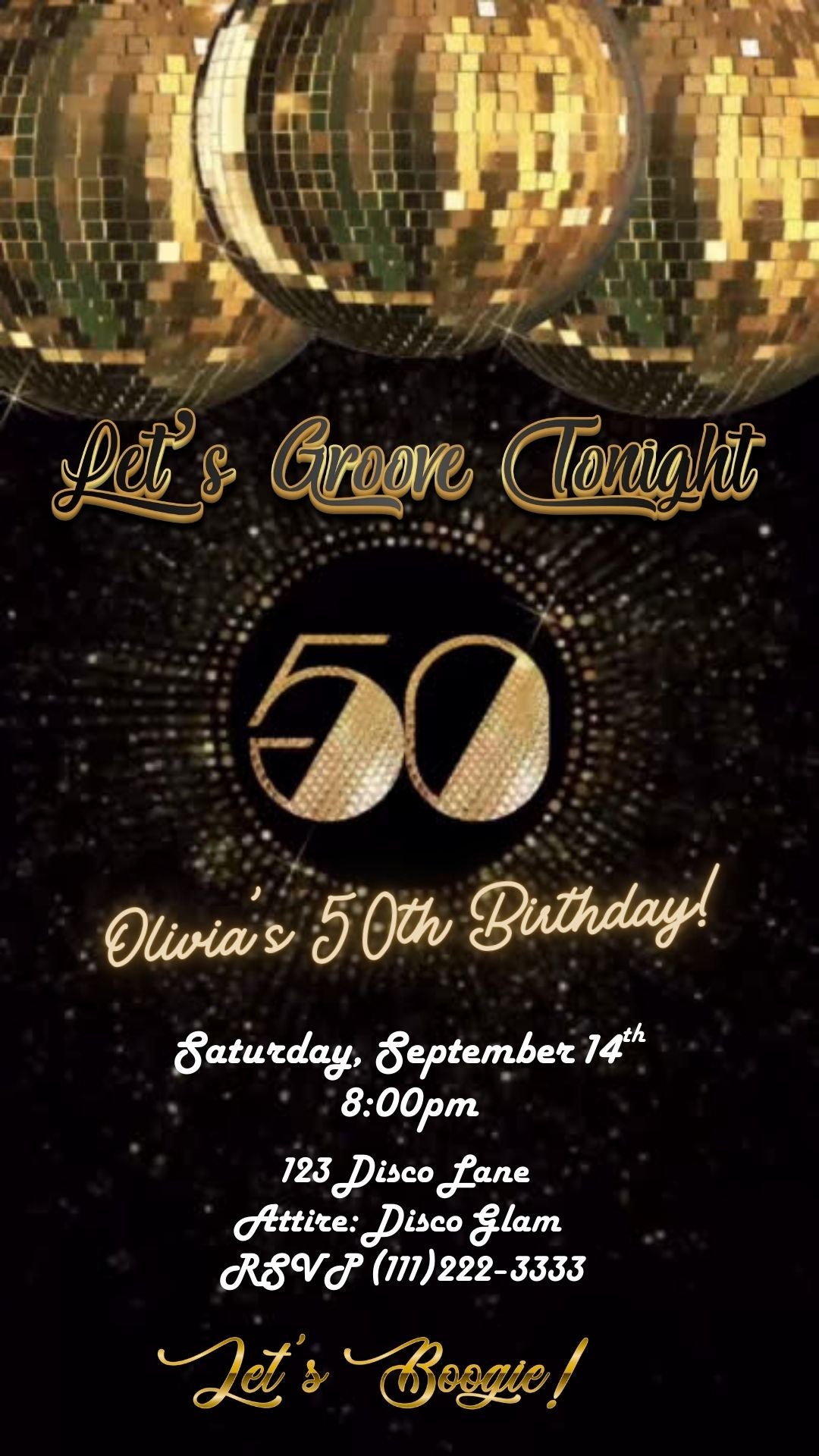 Editable gold disco 50th birthday video invitation displayed on a mobile phone, featuring an animated vertical digital invite with music, created in Canva. This premium video invitation template is designed for sharing by text, email, and social media and works with an interactive RSVP website for easy guest response tracking.