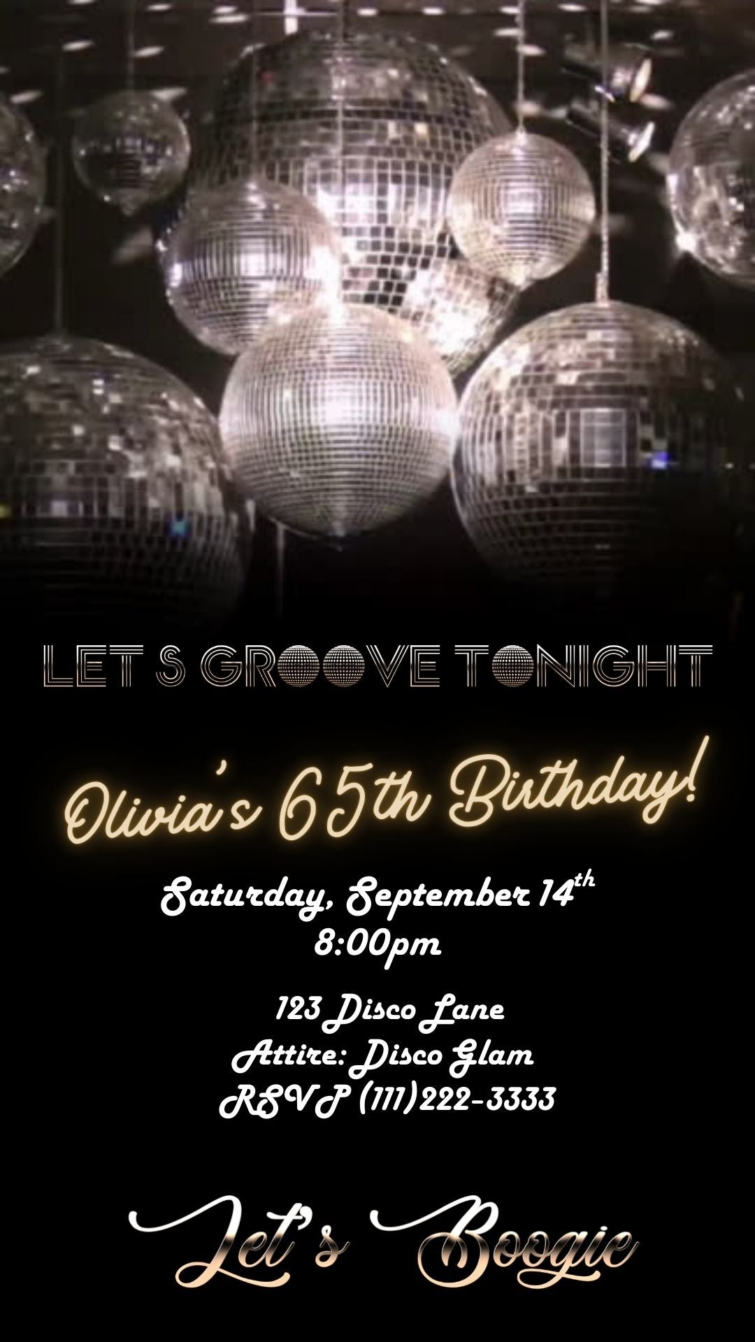 Editable silver disco 65th birthday video invitation displayed on a mobile phone, featuring an animated vertical digital invite with music, created in Canva. This premium video invitation template is designed for sharing by text, email, and social media and works with an interactive RSVP website for easy guest response tracking.