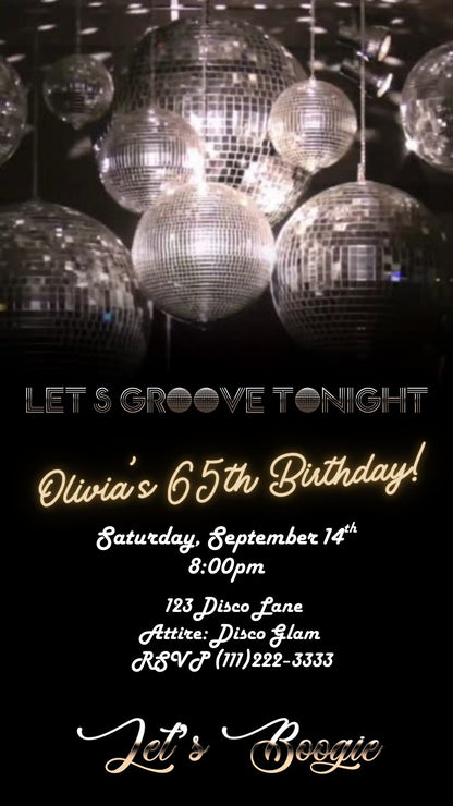 Editable silver disco 65th birthday video invitation displayed on a mobile phone, featuring an animated vertical digital invite with music, created in Canva. This premium video invitation template is designed for sharing by text, email, and social media and works with an interactive RSVP website for easy guest response tracking.