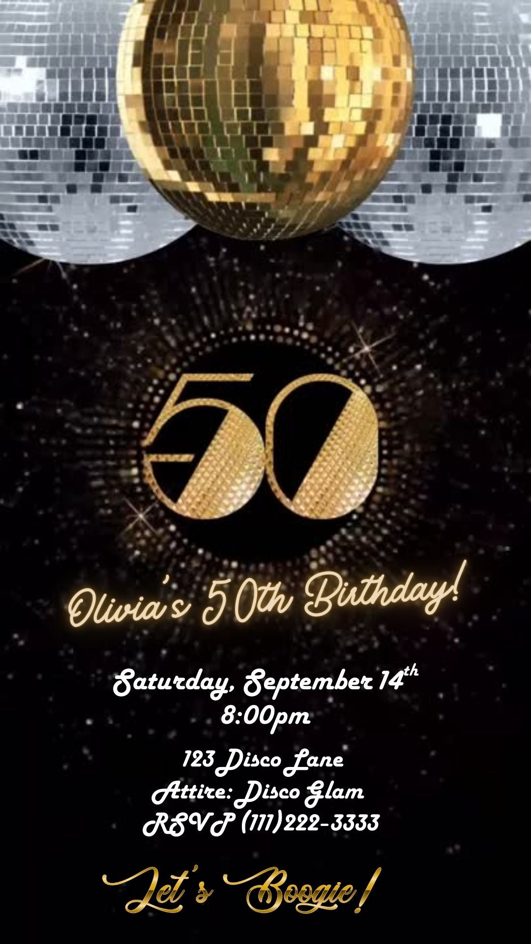 Editable gold disco 50th birthday video invitation displayed on a mobile phone, featuring an animated vertical digital invite with music, created in Canva. This premium video invitation template is designed for sharing by text, email, and social media and works with an interactive RSVP website for easy guest response tracking.