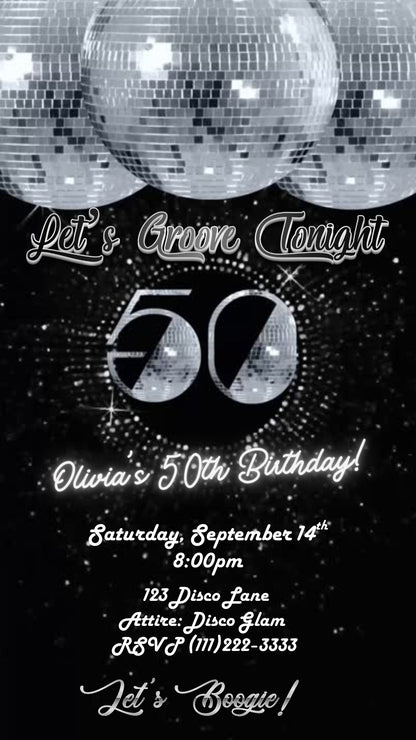 Editable disco silver 50th birthday video invitation displayed on a mobile phone, featuring an animated vertical digital invite with music, created in Canva. This premium video invitation template is designed for sharing by text, email, and social media and works with an interactive RSVP website for easy guest response tracking.
