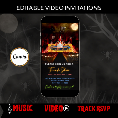 Halloween-Videoeinladung, animierte Karnevalseinladung, bearbeitbare mobile Halloween-Partyeinladung