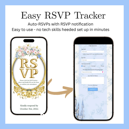 Cinderella Quinceanera Website Invite |  Sweet 15 16 Evite RSVP tracker Video Invitation | Canva Template