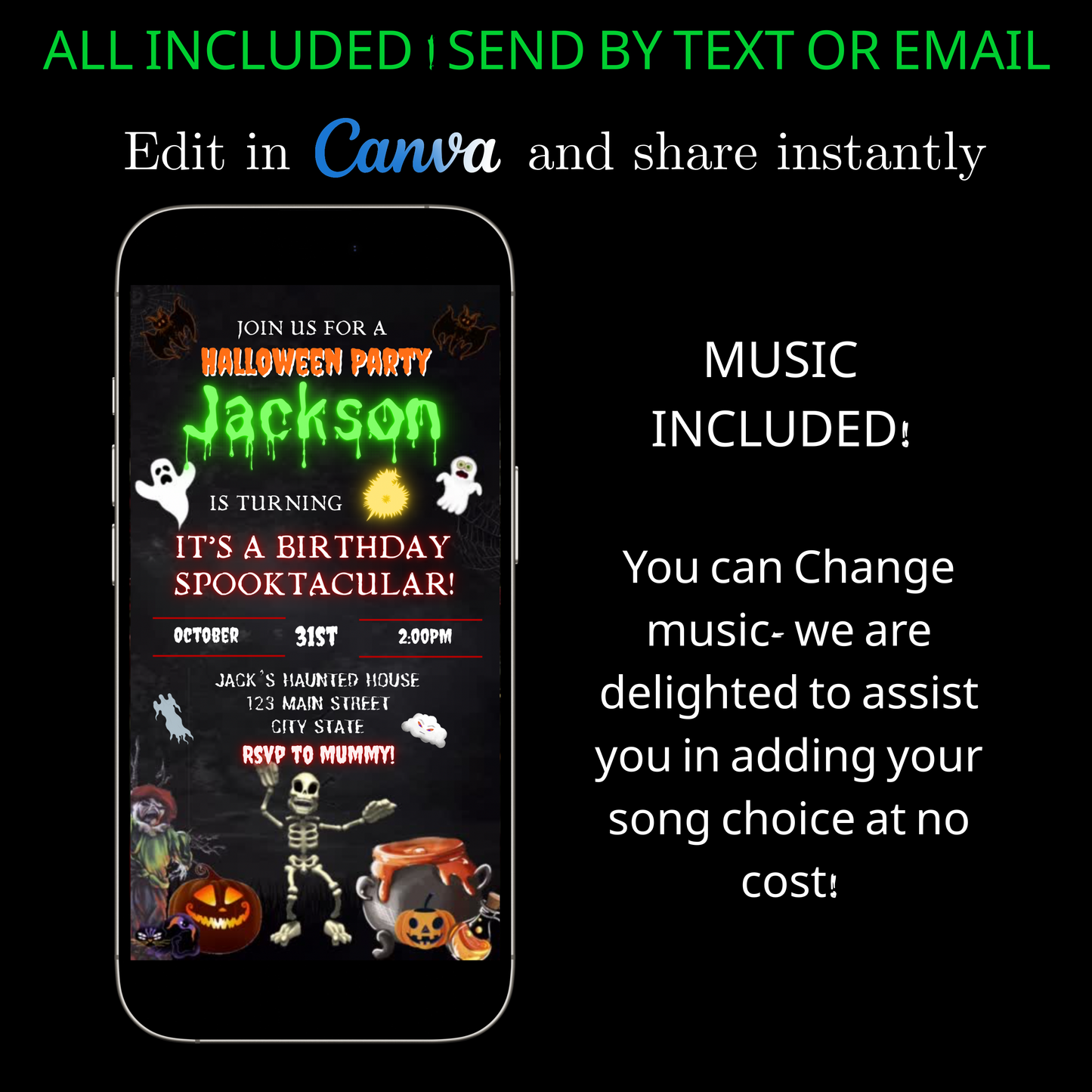 Halloween Video Invitation, Kids Halloween Animated Invite, Editable Halloween Party Mobile Evite