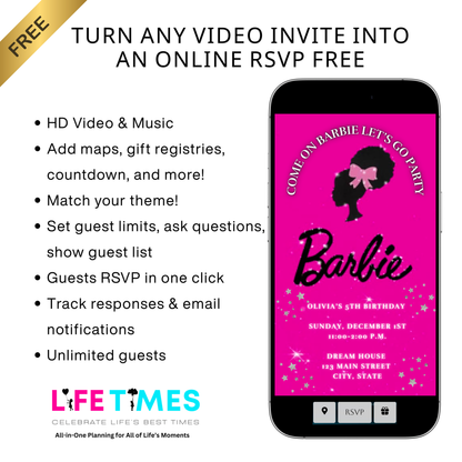 Editable Barbie Video Invitation | Animated Pink Barbie Digital Evite | Editable Canva Invite Template