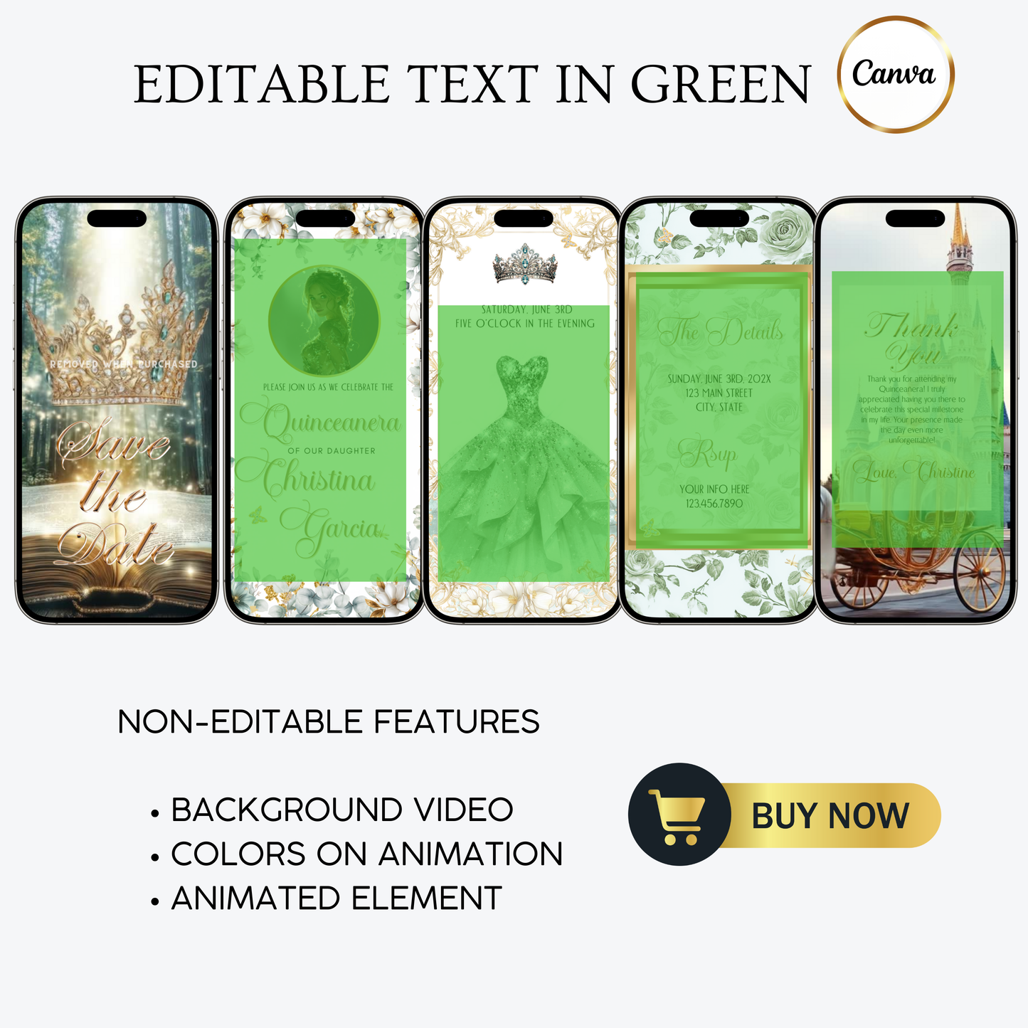 Sage Quinceañera Invitation | Princess Video Invite | Green Sweet 16 Evite | Editable Canva Template