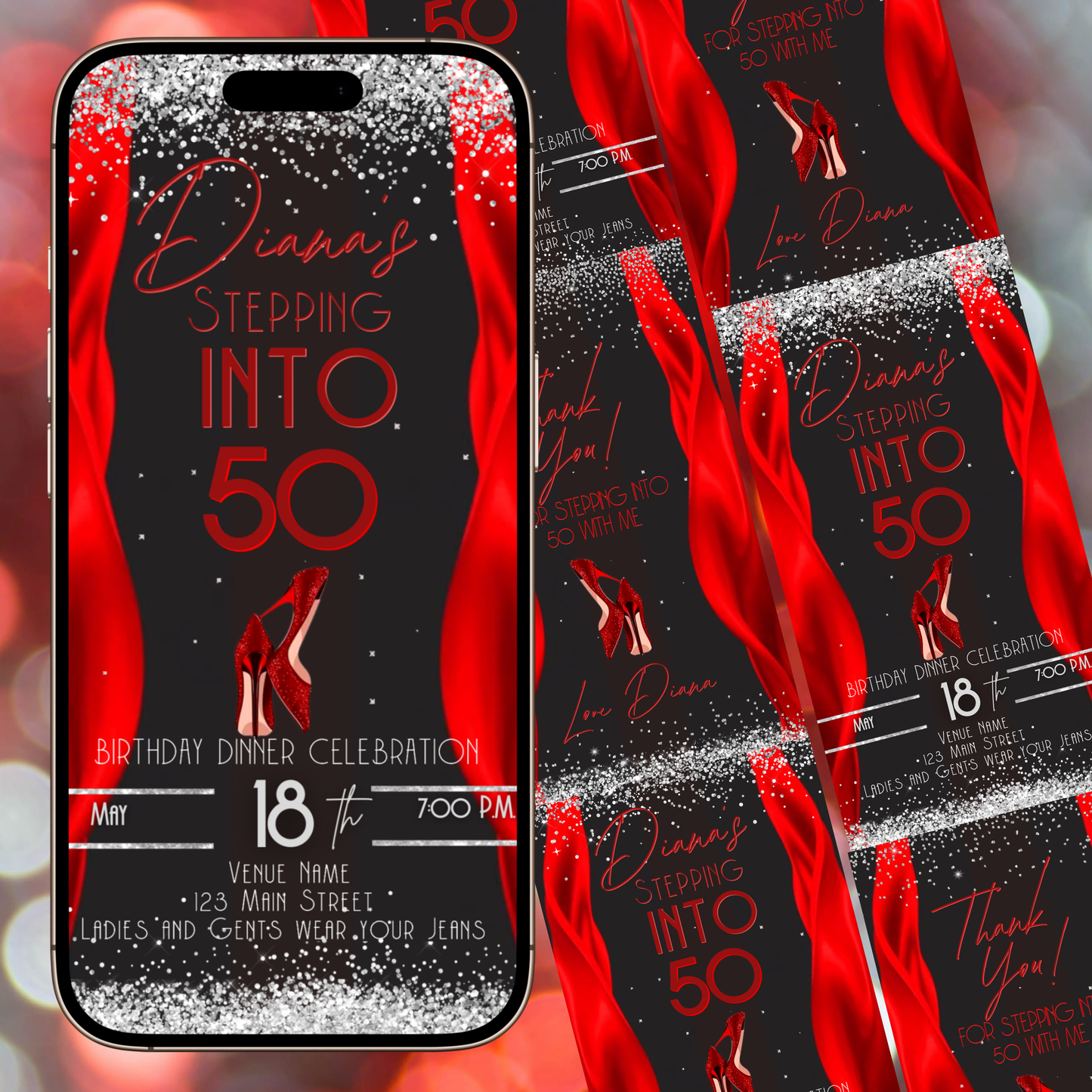 Stepping Into My Birthday Video Invite | Red Heel Birthday Digital Evite | Editable Canva Invite Template