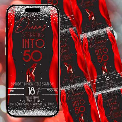 Stepping Into My Birthday Video Invite | Red Heel Birthday Digital Evite | Editable Canva Invite Template