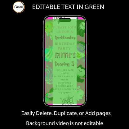 Halloween-Videoeinladung, animierte Einladung „Pink Little Monsters“, bearbeitbare mobile Einladung zur Halloween-Party