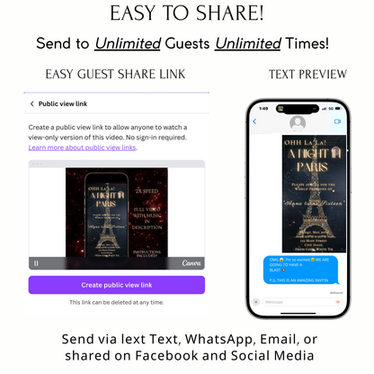 Paris Night Video Invitation| Editable Elegant Birthday Party Evite | Canva Template