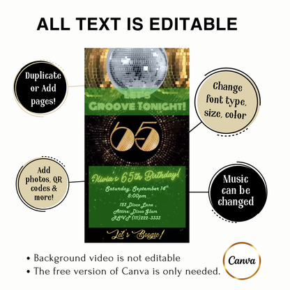 Studio 54 Video Invitation | Animated 65th Birthday Digital Evite | Editable Canva Invite Template