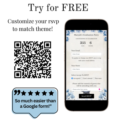 Einladung zur Abschlussfeier 2026 | Canva-Vorlage für Antwortmöglichkeit mit Musik | Blaues Blumenmuster für sie