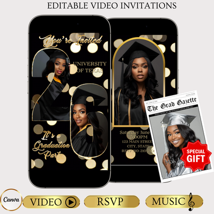 Graduation Party Video Invitation | Class of 2026 Photo Invite | Editable Online RSVP Evite Canva Template
