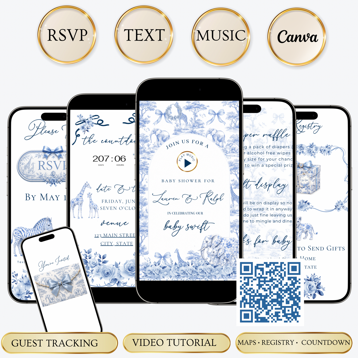 Toile de Jouy Safari Baby Shower Website Invitation Template | Editable Canva RSVP Website