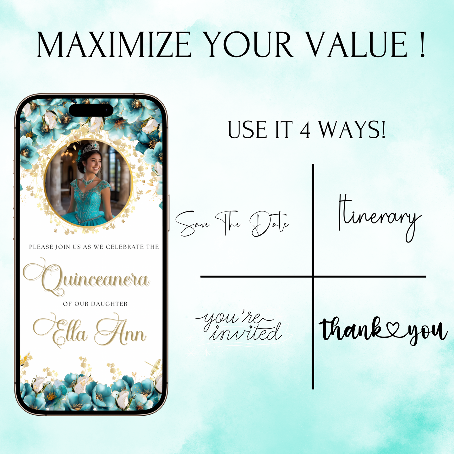 Turquoise and Gold Quinceanera Video Invite Animated Sweet 15 Quince Mobile Evite with RSVP tracking