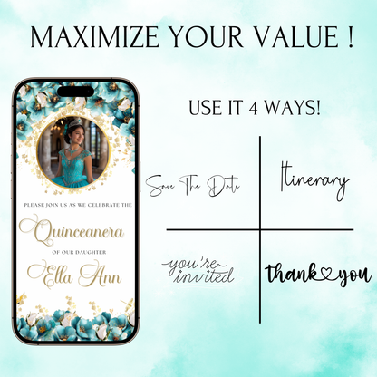 Turquoise and Gold Quinceanera Video Invite Animated Sweet 15 Quince Mobile Evite with RSVP tracking