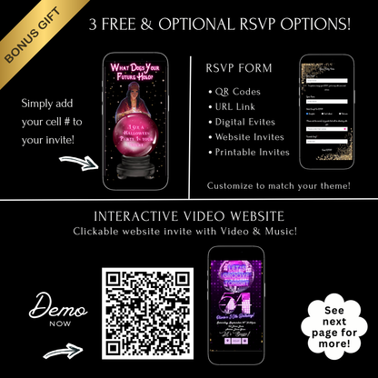 Halloween-Videoeinladung, animierte Einladung mit Tarot-Wahrsager, bearbeitbare mobile Einladung zur Halloween-Party