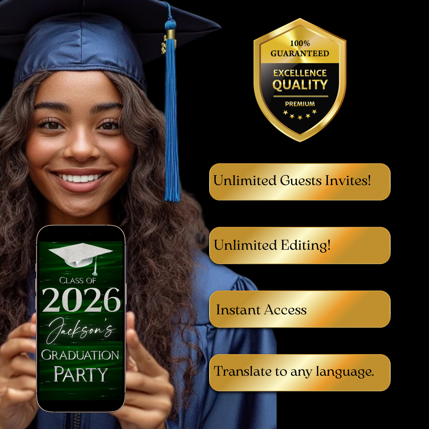 Graduation Party Video Invitation | Class of 2026 Green and Silver Invite for Him | Editable Online RSVP Evite Canva Template