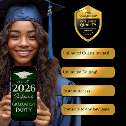 Graduation Party Video Invitation | Class of 2026 Green and Silver Invite for Him | Editable Online RSVP Evite Canva Template