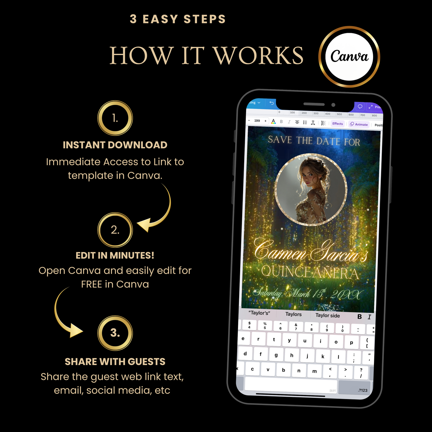 Enchanted Forest Quinceanera Video Invite | Animated Sweet 15 16 Save the Date Evite | Editable Canva Evite Template