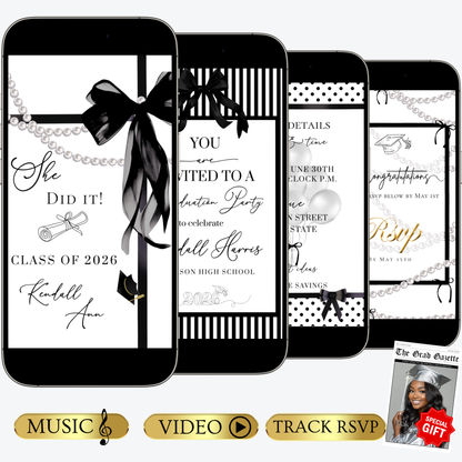 Graduation Party Video Invitation | White and Black Bow Graduation Invite for Her | Editable Online RSVP Evite Canva Template