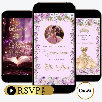 Lilac Quinceañera Video Invitation | Digital Princess Sweet 15 16 Animated Invite | Editable Canva Template