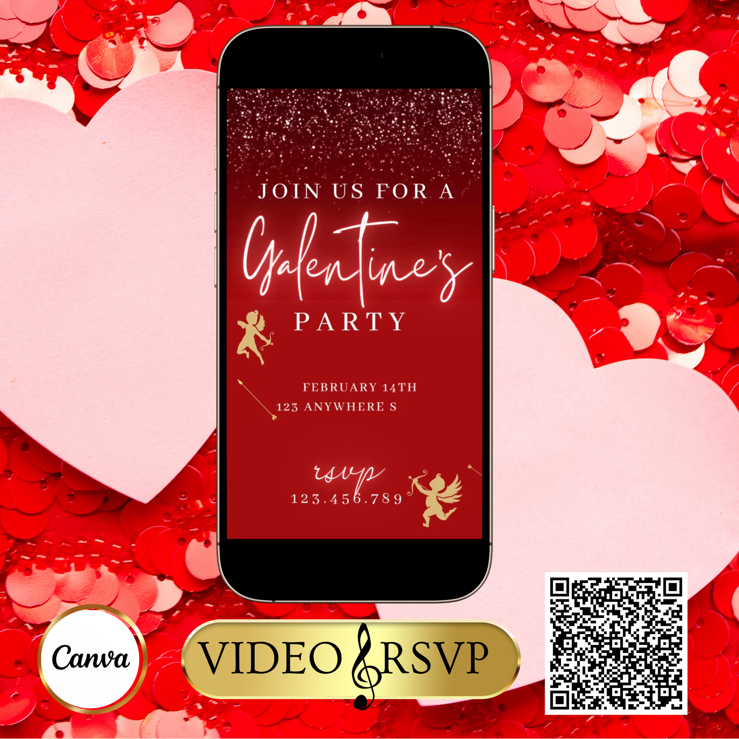 Valentines Day Party Video Invitation | Digital Galentines Day Animated Invite | Editable Canva Evite Template