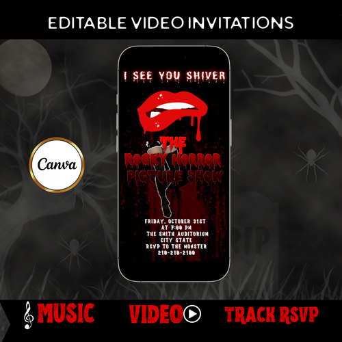 Halloween-Videoeinladung, animierte Einladung zur Rocky Horror Picture Show, bearbeitbare mobile Halloween-Party-Einladung