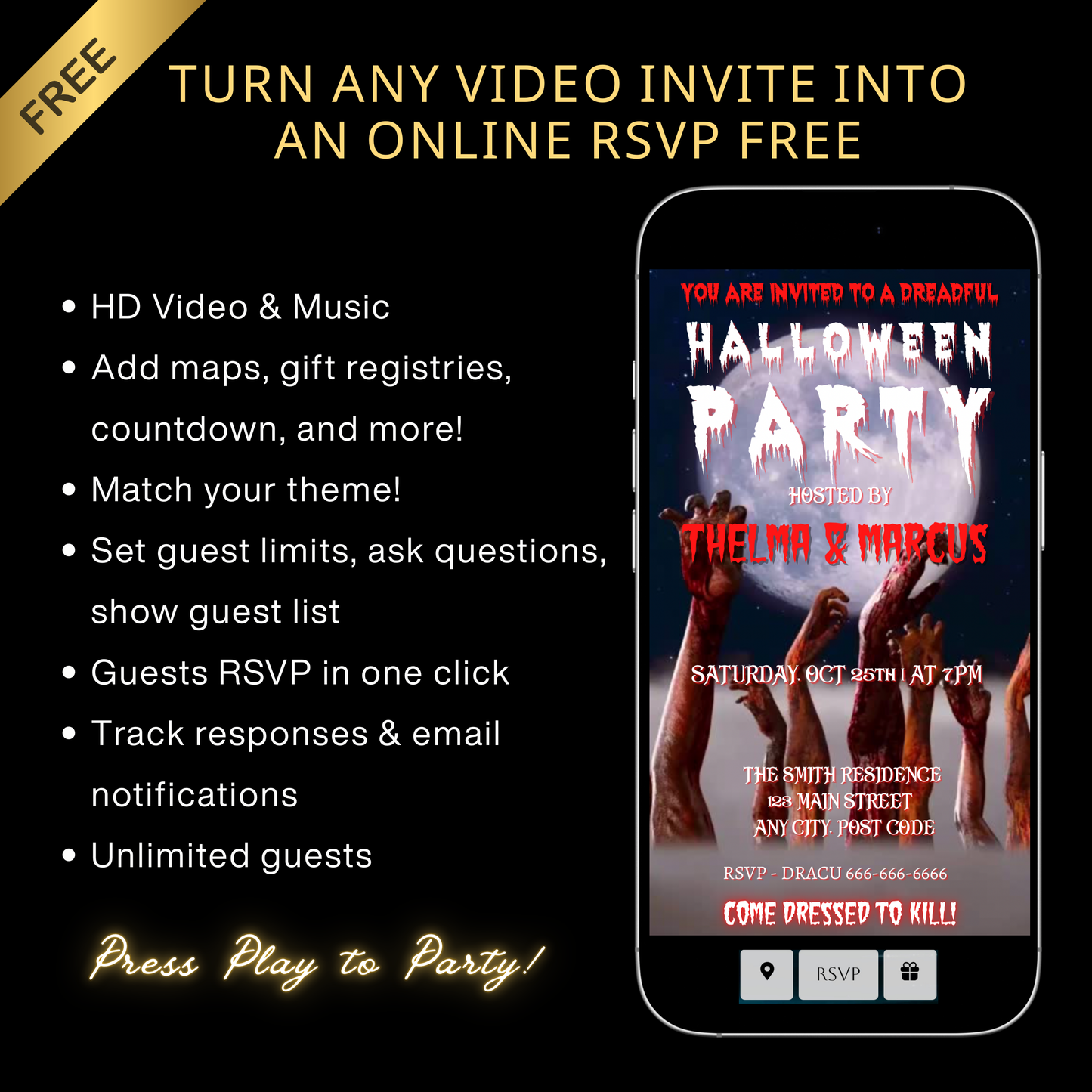 Halloween-Videoeinladung, animierte Zombie-Einladung, bearbeitbare mobile Halloween-Party-Einladung