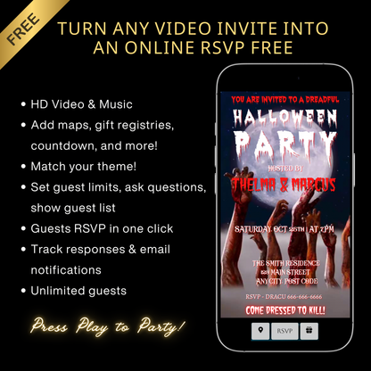 Halloween-Videoeinladung, animierte Zombie-Einladung, bearbeitbare mobile Halloween-Party-Einladung