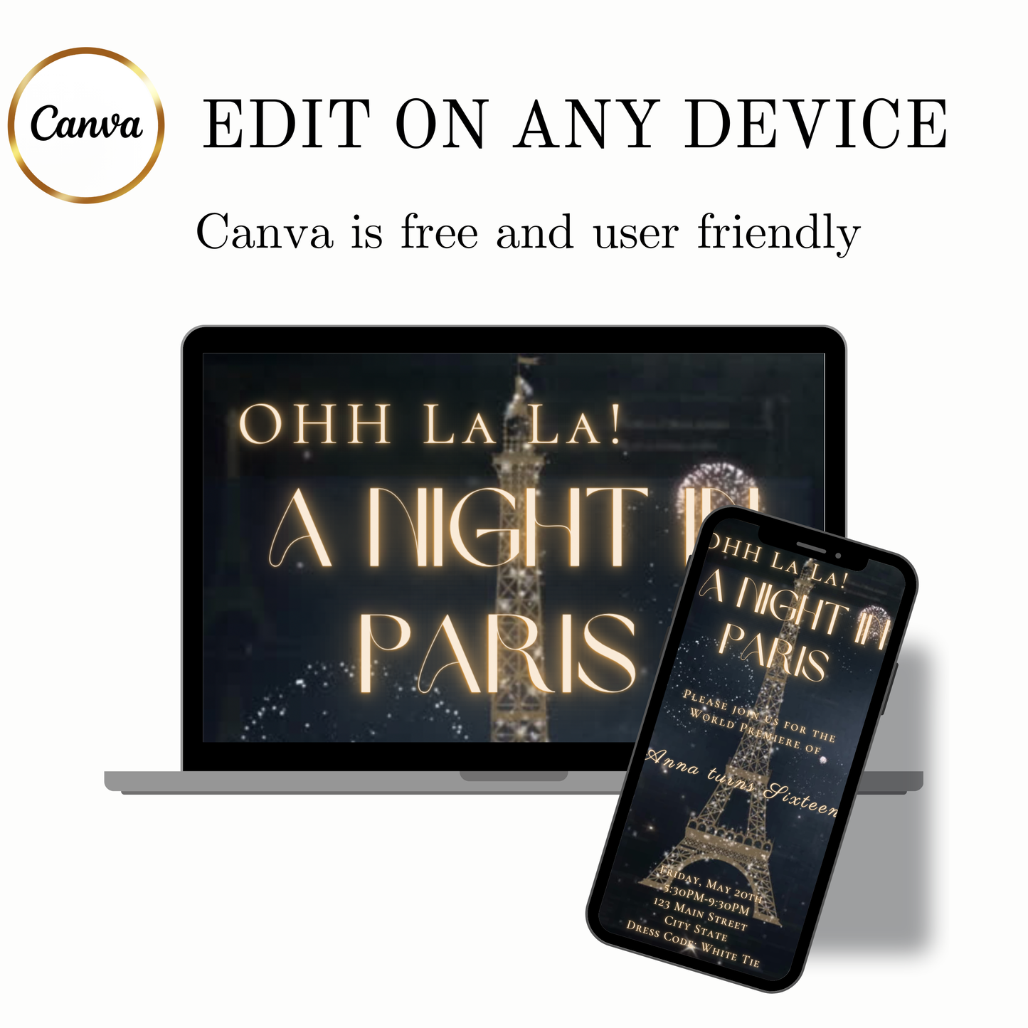 Paris Night Video Invitation| Editable Elegant Birthday Party Evite | Canva Template