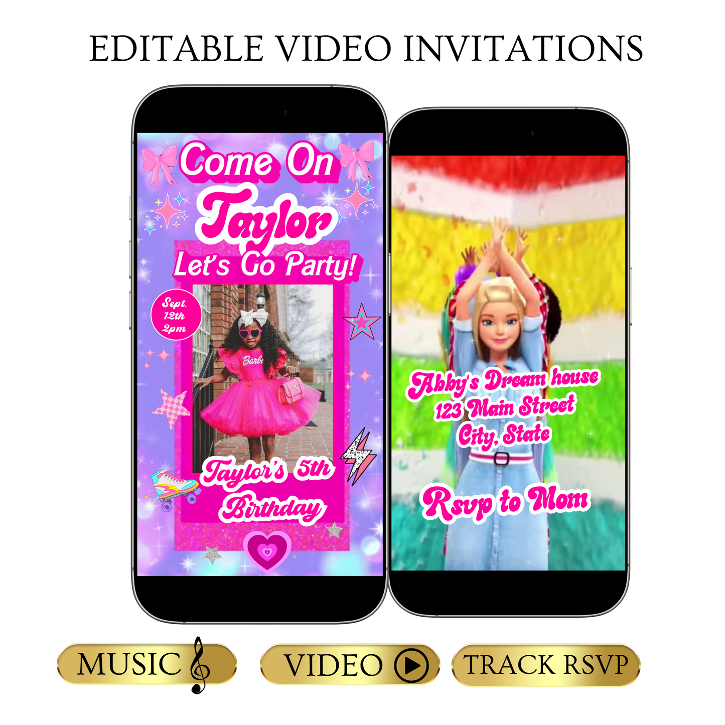 Editable Barbie Video Invitation | Animated Pink Barbie Digital Evite | Editable Canva Invite Template