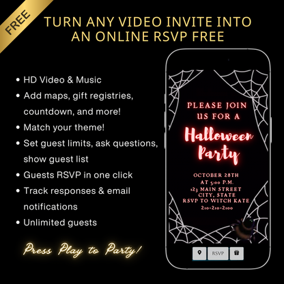 Halloween-Videoeinladung, animierte Einladung im Spinnennetz-Stil