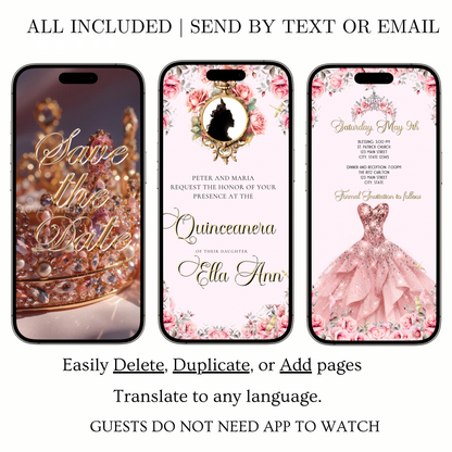 Pink Quinceanera Video Invite | Gold Sweet 15 16 Princess Invite | Editable Canva Evite Template