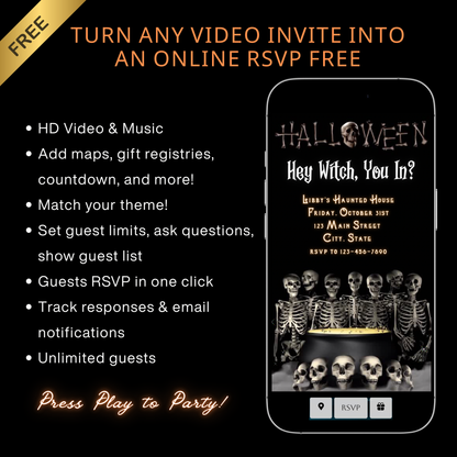 Halloween-Videoeinladung, animierte Einladung mit Skelettmotiven, bearbeitbare mobile Einladung zur Halloween-Party