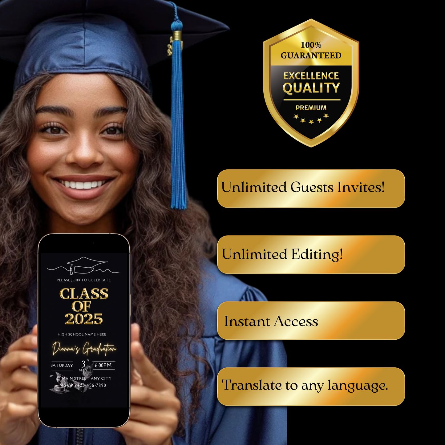 Graduation Party Video Invitation | Digital Gold Graduate Invite | Editable Canva Template