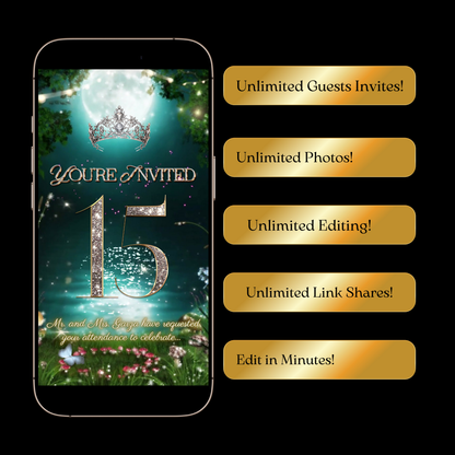 Quinceañera Video Invitation | Enchanted Forest Video Invite | Green Sweet 16 Evite | Editable Canva Template