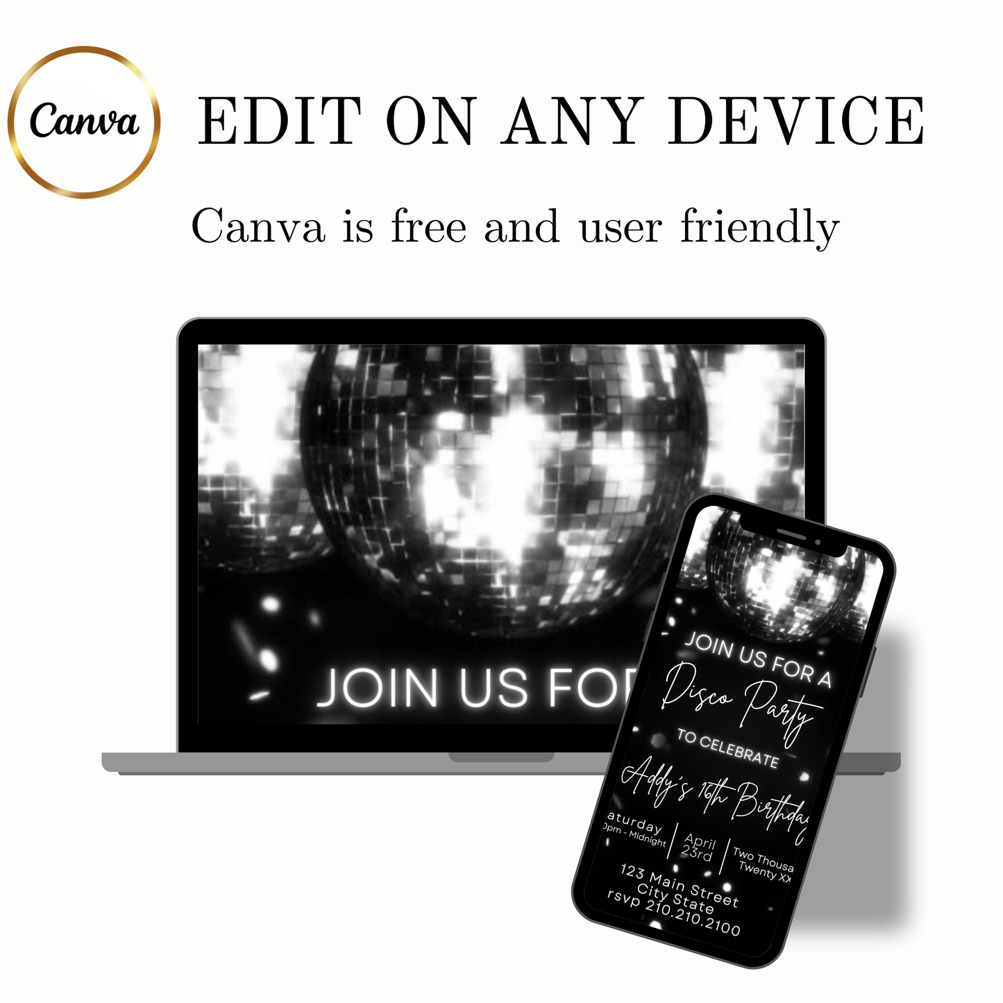 Video-Einladung zur Disco-Ära | Digitale Disco-Einladung für Mobilgeräte | Online-Vorlage zum Bearbeiten