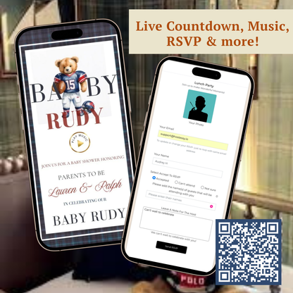 Football Polo Bear Baby Shower Invitation Website | Animated Baby Shower Invite with Rsvp tracking