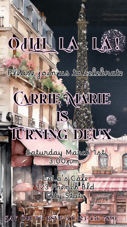 Paris Cafe Video Invitation – Parisian Eiffel Tower Birthday Party Evite with Music